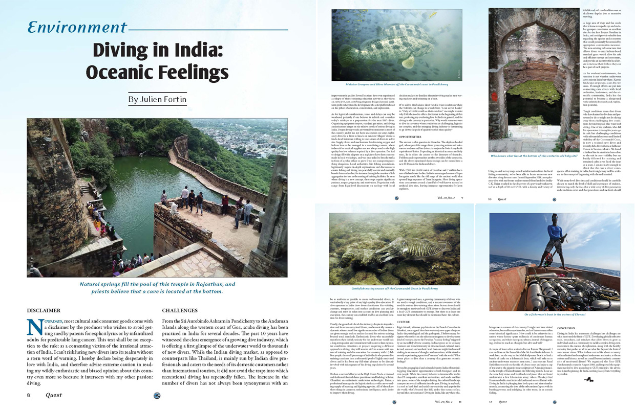 Quest Magazine (Global Underwater Explorers, GUE) - Diving in India: Oceanic feelings, by Julien Fortin
